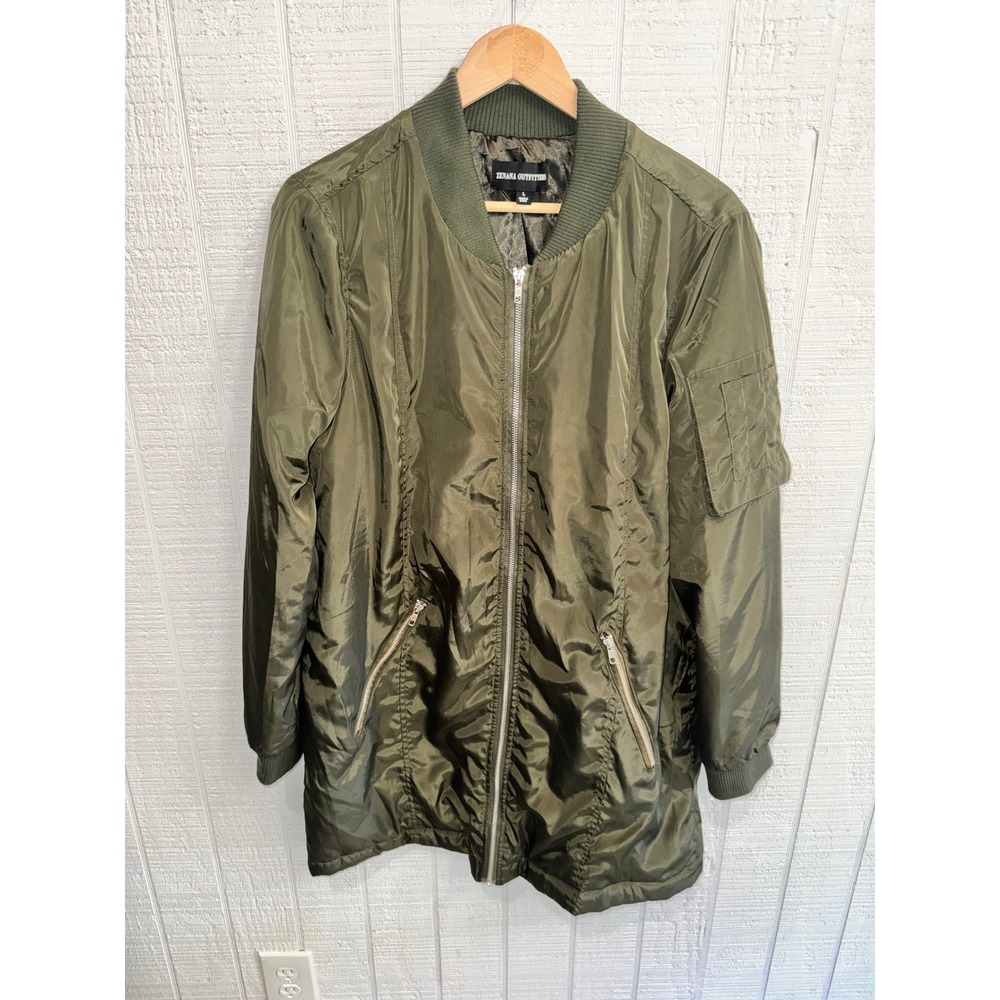 Zenana Outfitters Bomber Jacket Women Olive Green Utility Longline Zip Up Large